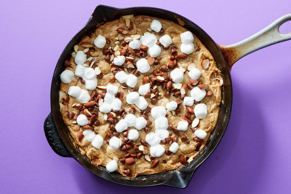 Giant Rocky Road S'mores Cookie Baked in a Skillet