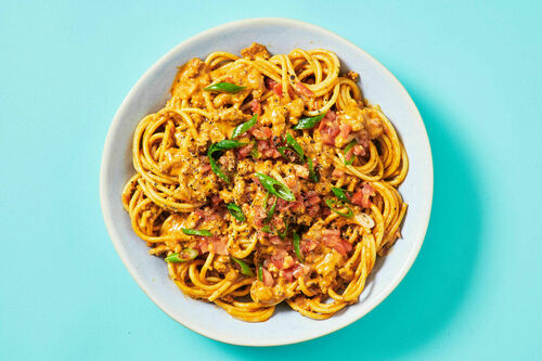 20-Minute Creamy Coconut Pork Pasta with Tomato Salsa | Dinnerly