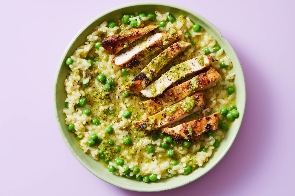 Basil Pesto Chicken over Creamy Risotto Peas