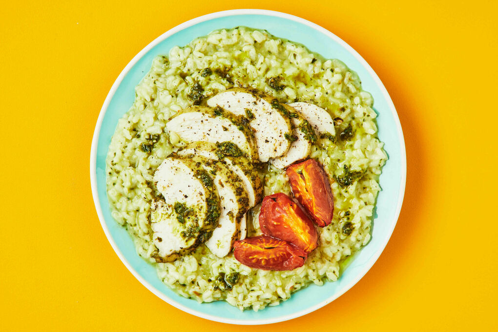 Pesto Chicken Risotto with Oven Roasted Tomato