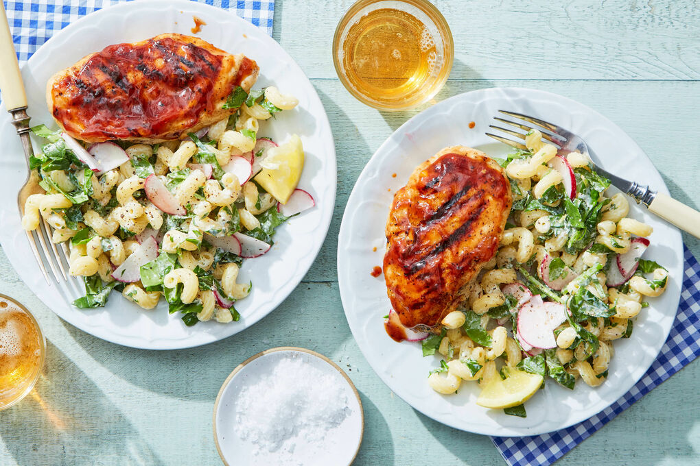 Apricot-BBQ Grilled Chicken with Green Goddess Pasta Salad | Marley Spoon