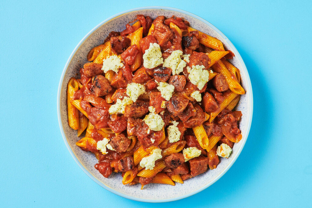 Chunky Chorizo and Tomato Pasta with Crumbled Feta | Dinnerly