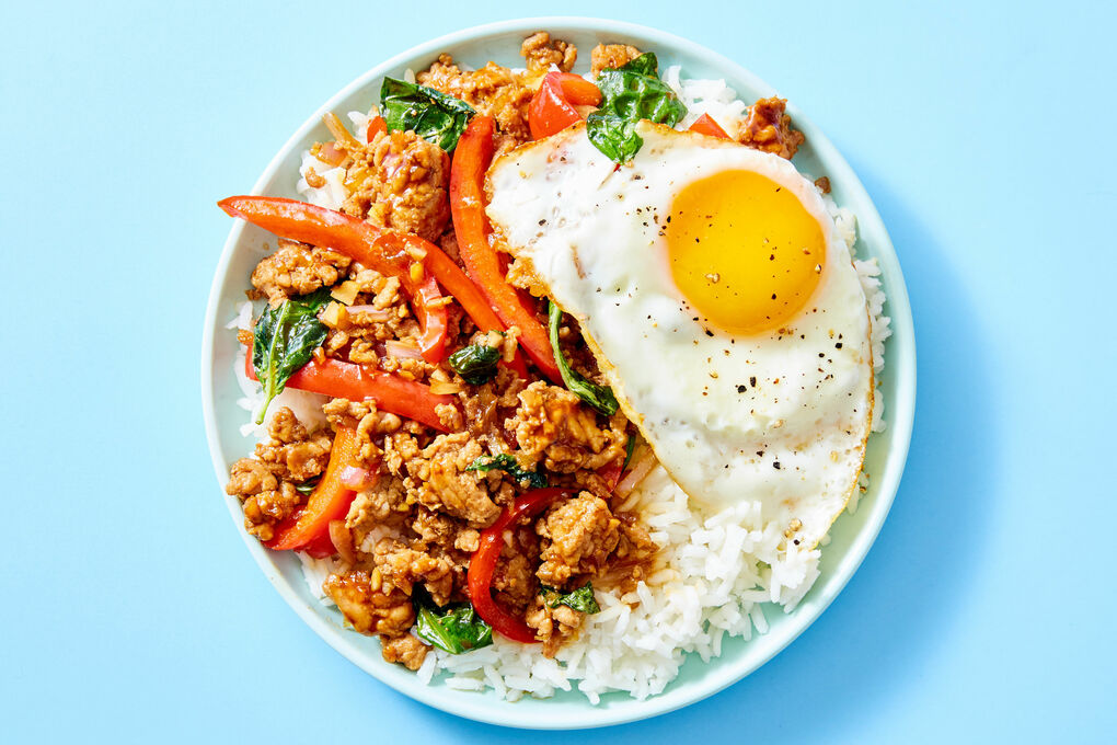 Thai Style Basil Ground Turkey Stir Fry with Red Peppers Rice