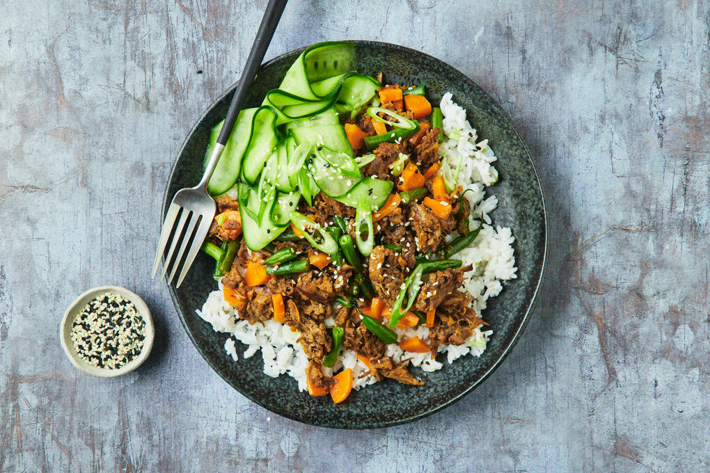 Korean Style Mushroom Meat with Pickled Vegetables Rice