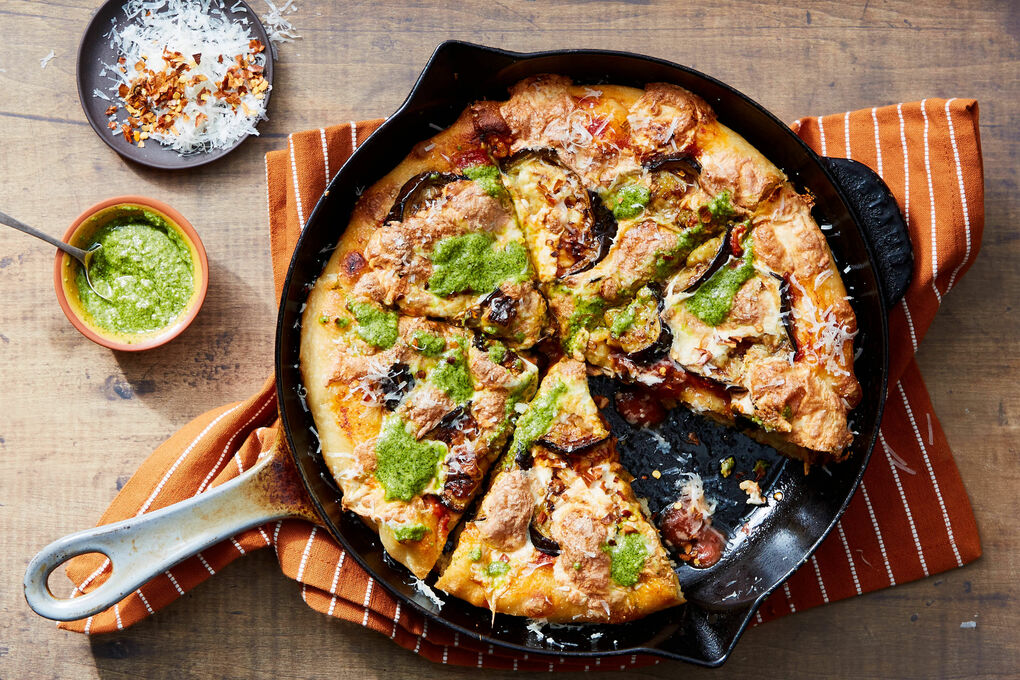 Eggplant Parm Skillet Pizza with Basil Pesto