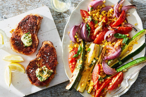 Basil Butter Pork Chops With Tomatoes Corn Zucchini Marley Spoon