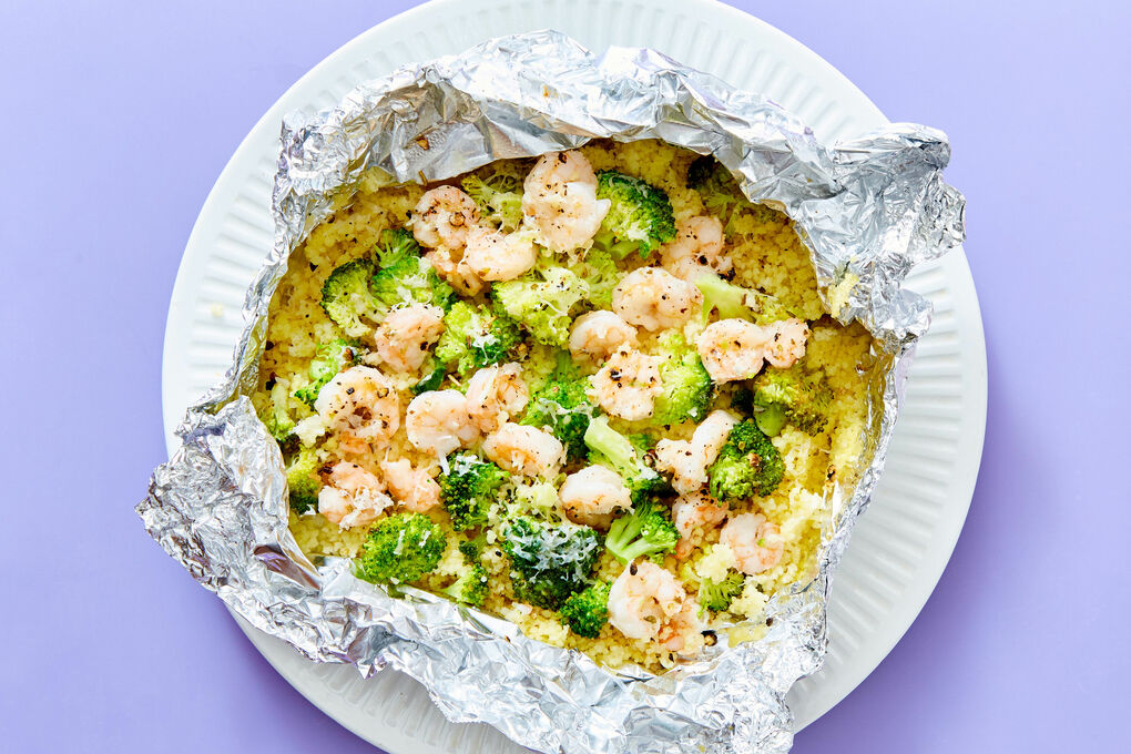 Garlic Parmesan Shrimp Foil Packets with Broccoli Couscous