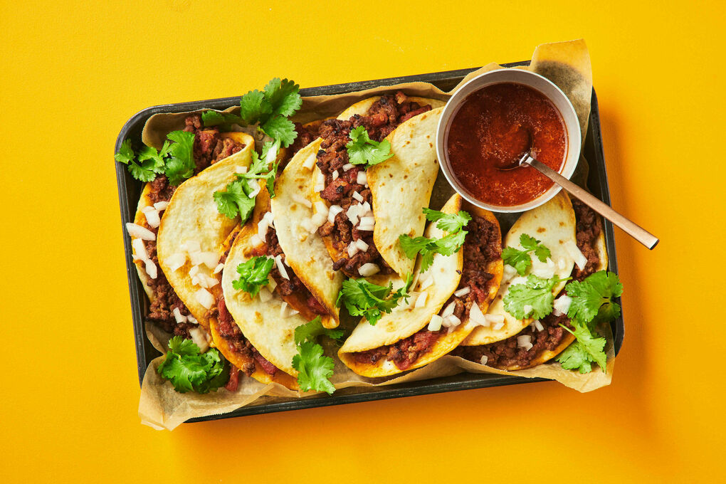 Crispy Beef Birria Tacos with Onion Salsa and Coriander | Dinnerly