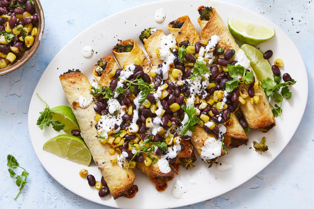 Broccoli-Cheddar Taquitos with Crema & Corn-Black Bean Salsa