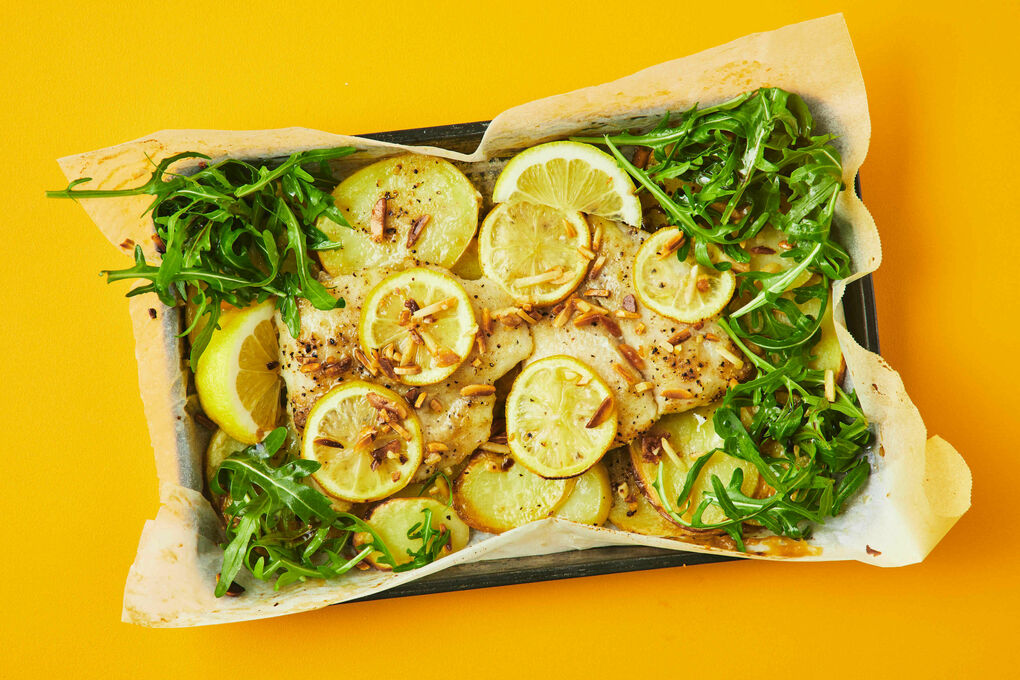 Set-and-Forget Fish and Potato Tray Bake with Lemon and Rocket