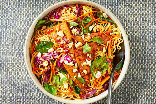 20 Minute Thai Basil Tofu with Noodles Chilli Cashews