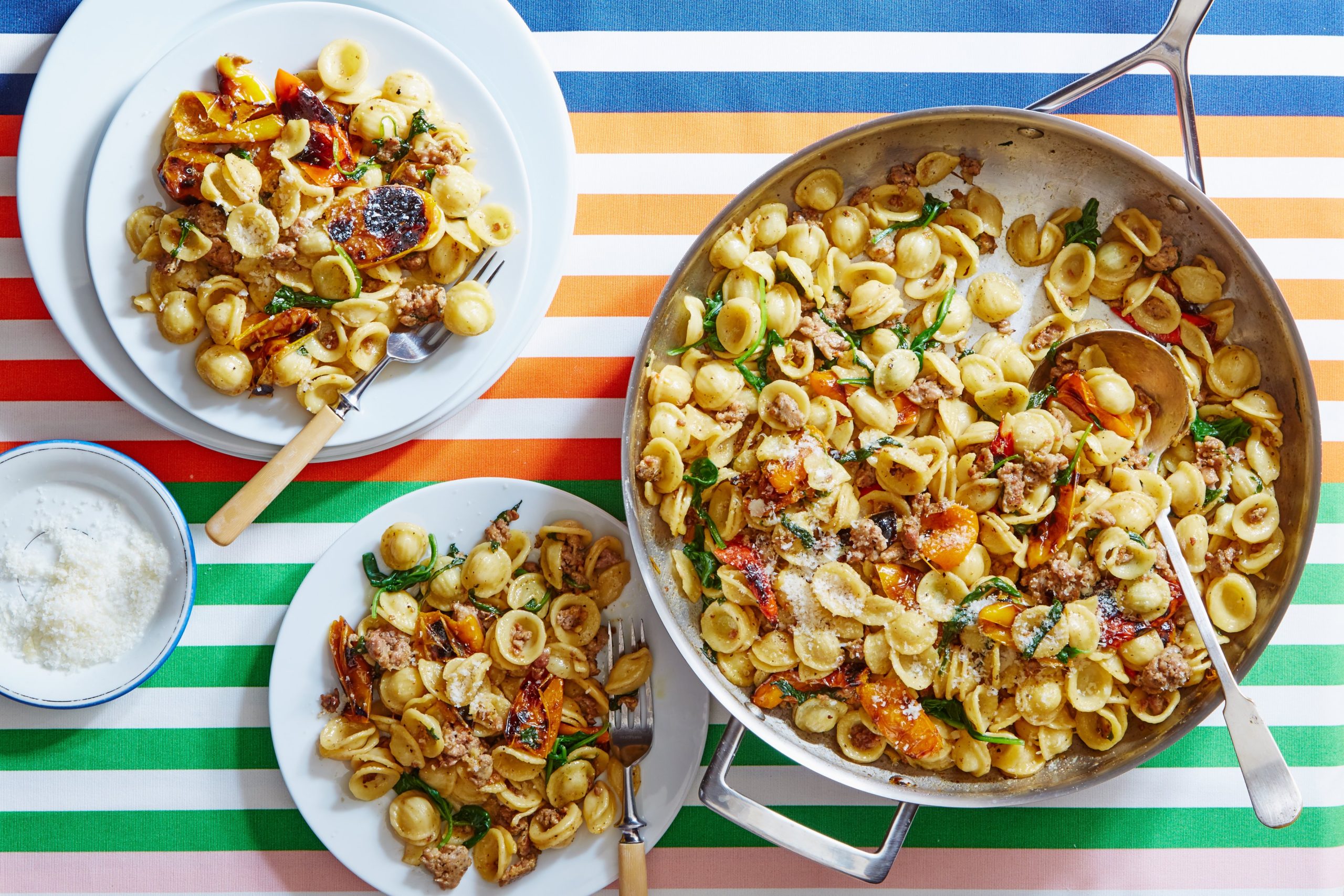 Orecchiette and sausage with spinach and roasted peppers - Marley Spoon