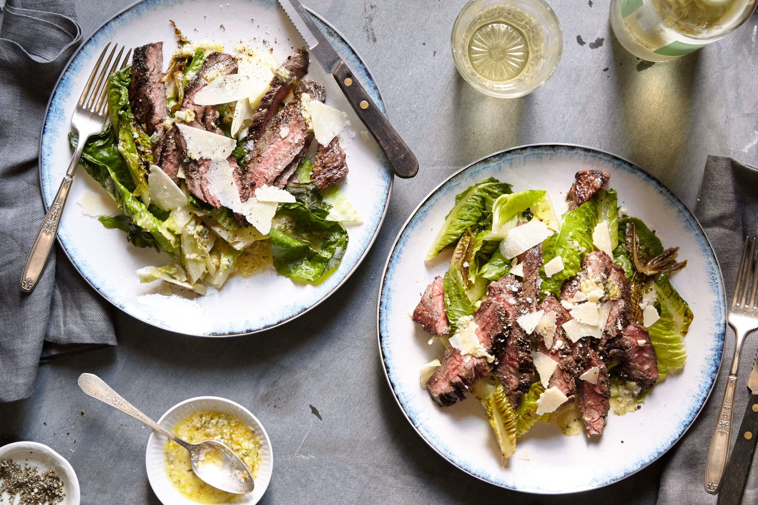 Grilled romaine and skirt steak salad