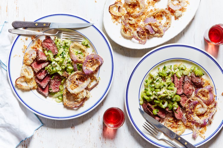 hanger steak and celery salad with onion rings & blue cheese