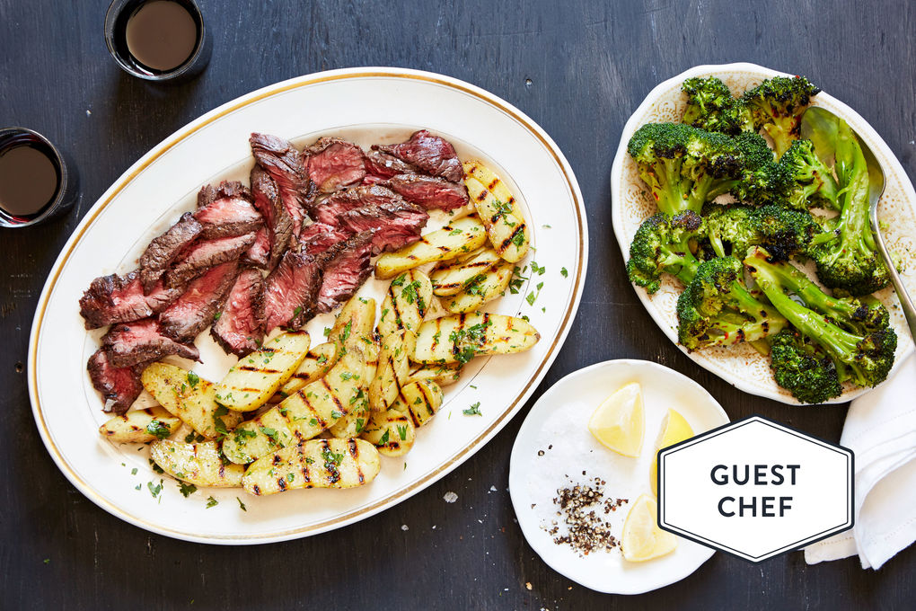 Grilled Hanger Steaks with Fingerling Potatoes, Broccoli and Garlic Butter