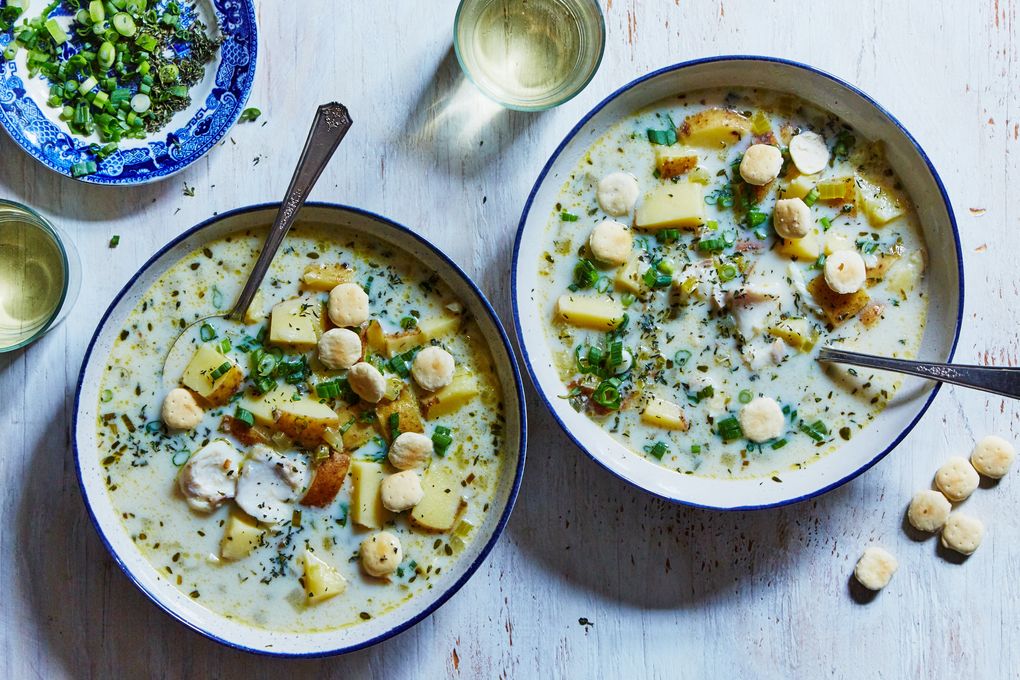 Creamy Fish & Potato Chowder with Oyster Crackers