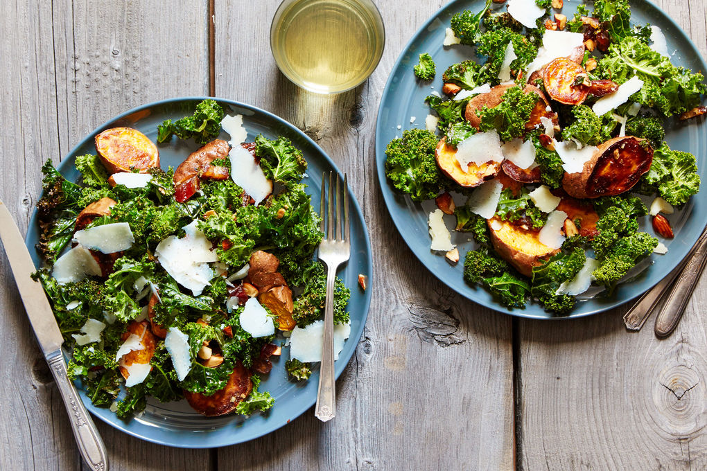 Roasted Sweet Potato and Kale Salad with Almonds, Dates, and Parmesan