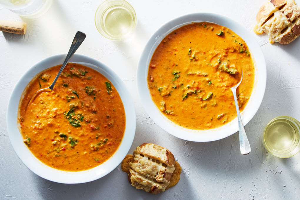 Chickpea & Red Pepper Soup with Cheesy Pull-Apart Rolls