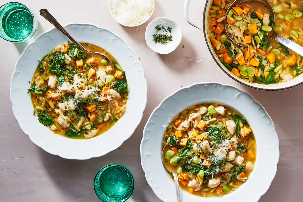 Chicken and Pasta Soup with Spinach and Sweet Potatoes