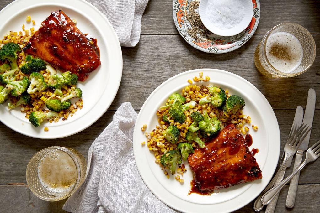 Sticky Glazed Salmon with Ginger Corn and Broccoli