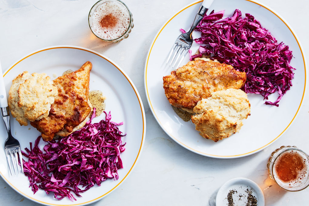 Fried Chicken on a Biscuit with Pepper Honey & Cabbage Slaw