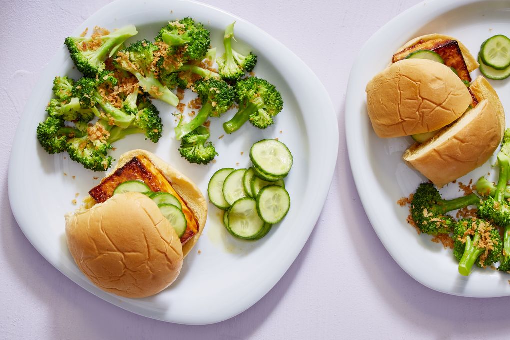 BBQ Tofu Sliders with Pickles and Crunchy Broccoli