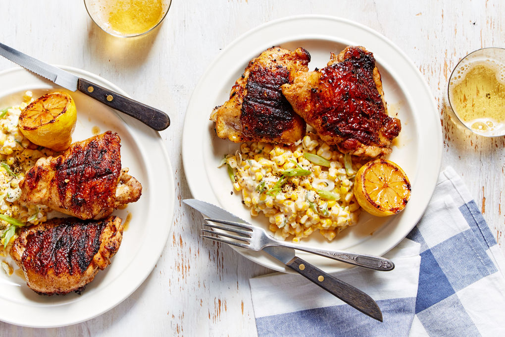 Spiced Chicken Thighs with Grilled Lemon and Creamed Corn