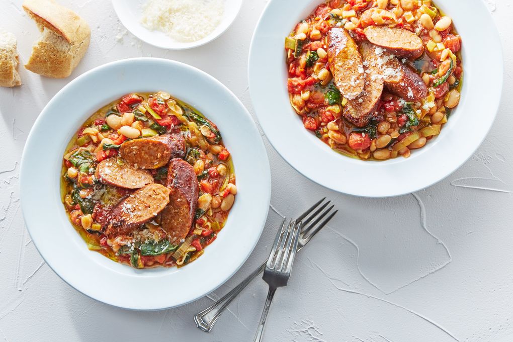 Pan-Seared Chorizo with Beans, Roasted Peppers & Greens