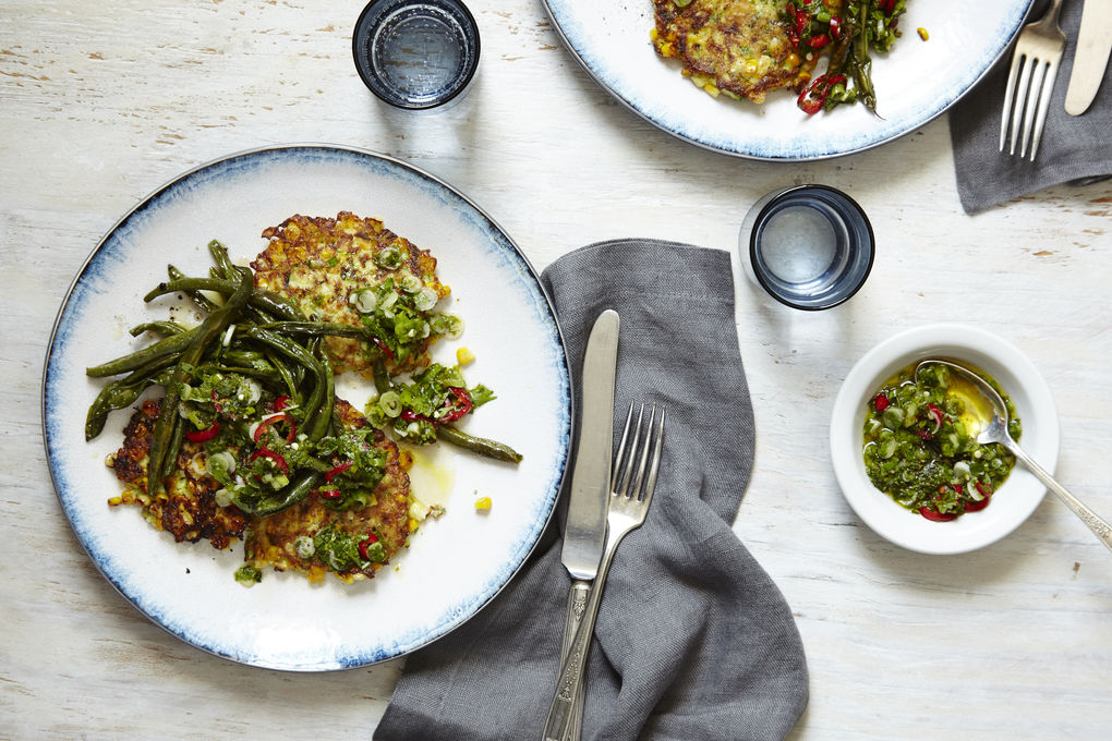 Corn and Zucchini Fritters with Herb Salsa and Blistered Green Beans