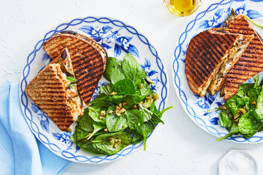 Eggplant Parm Grilled Cheese with Spinach Salad