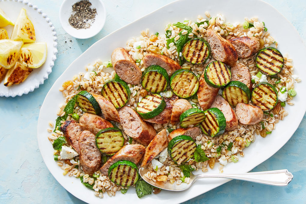 Sweet Italian Sausage and Zucchini with Grilled Lemons & Farro Salad