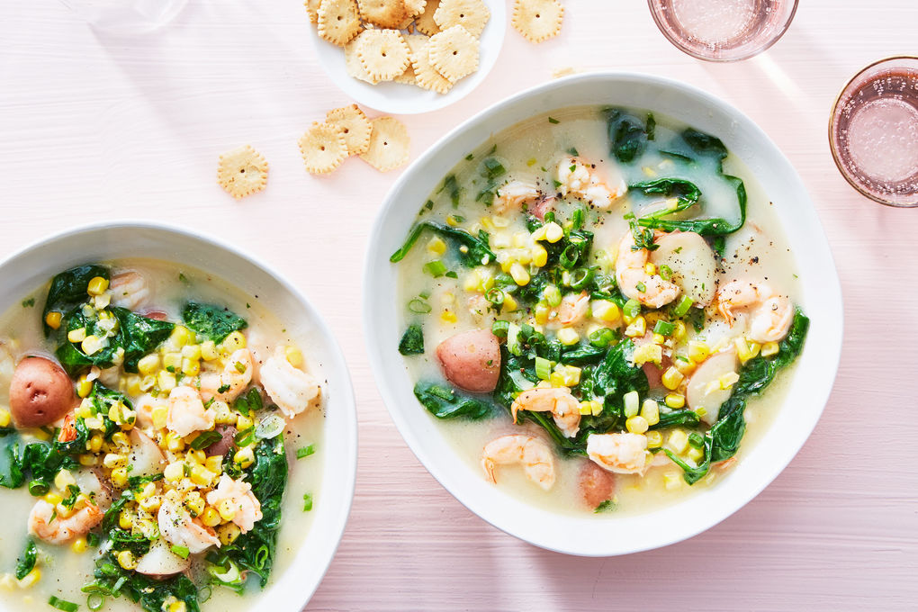 New England Shrimp Chowder with Corn, Spinach, and Potatoes