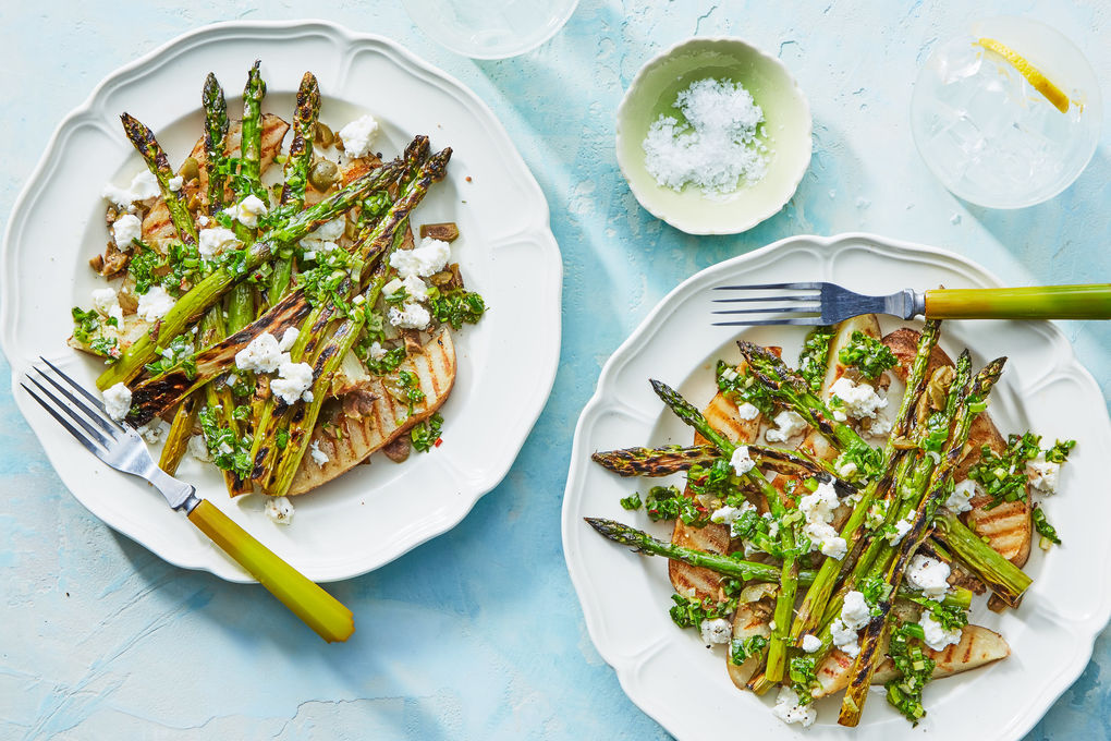 Grilled Asparagus & Potatoes with Herb-Scallion Sauce & Goat Cheese