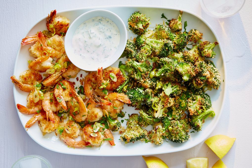 Pepperoncini Shrimp & Broccoli with Creamy Lemon Herb Dip