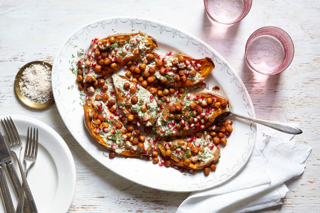 Roasted Sweet Potatoes with Spiced Chickpeas, Tahini Dressing and Pomegranate
