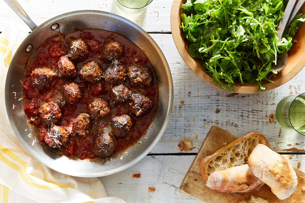 Baked Grass-Fed Meatballs with Arugula Salad and Crusty Bread