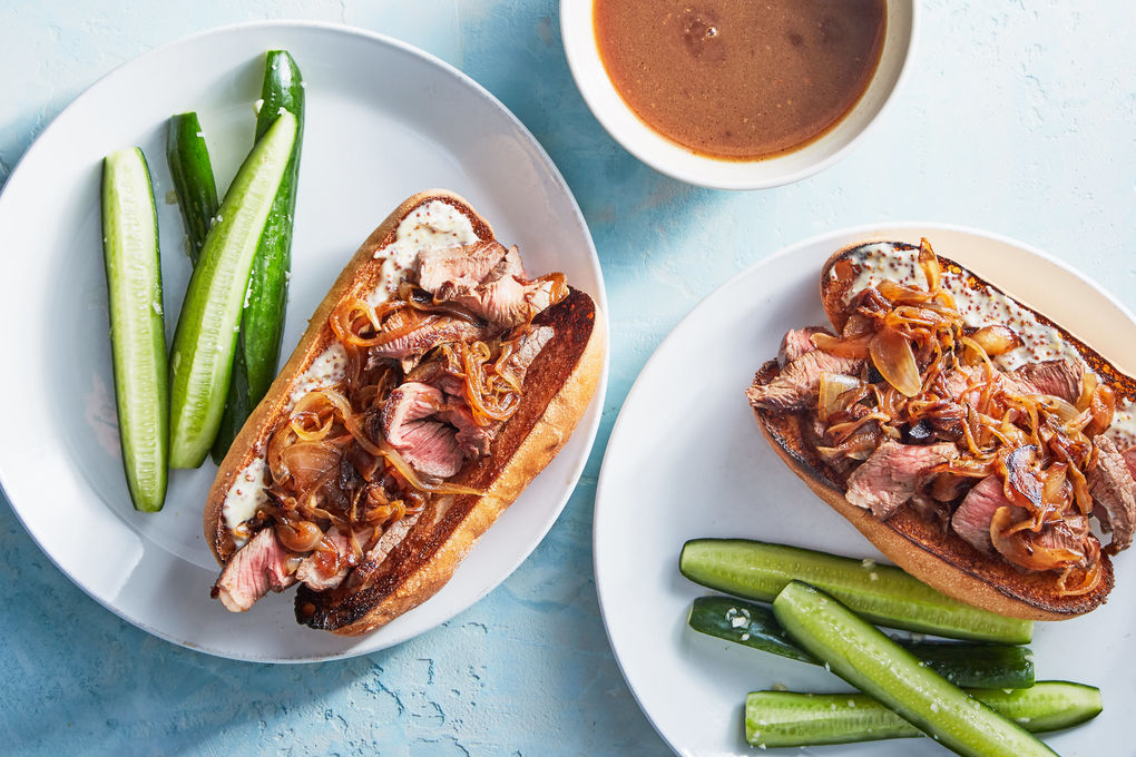 French Dip Style Beef Sandwich with Garlicky Cucumbers