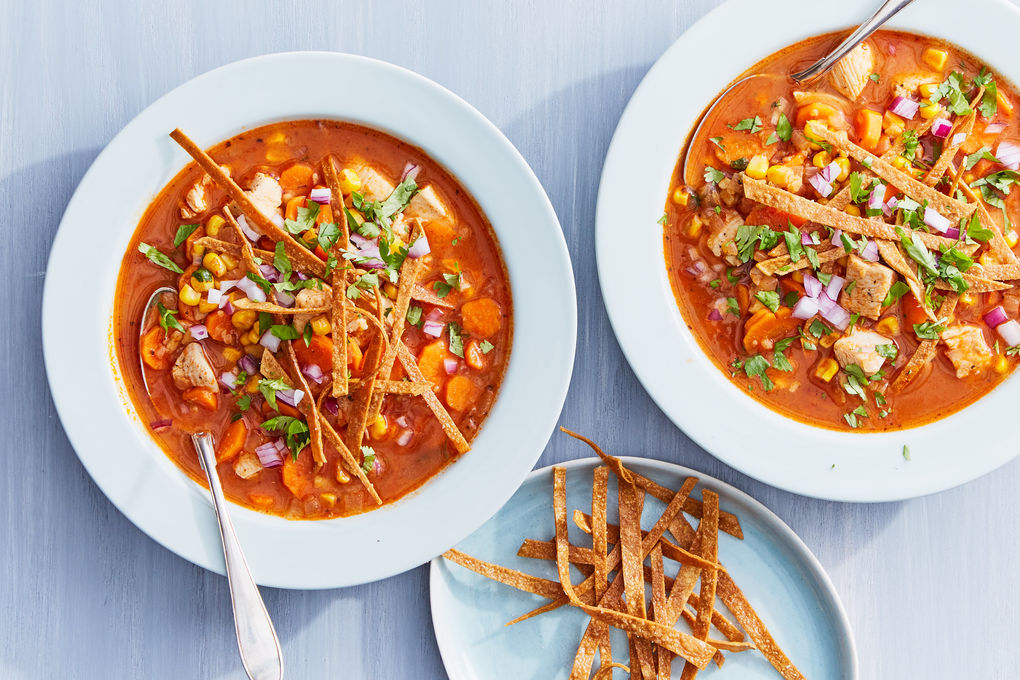 Spicy Chicken Tortilla Soup with Cilantro and Corn