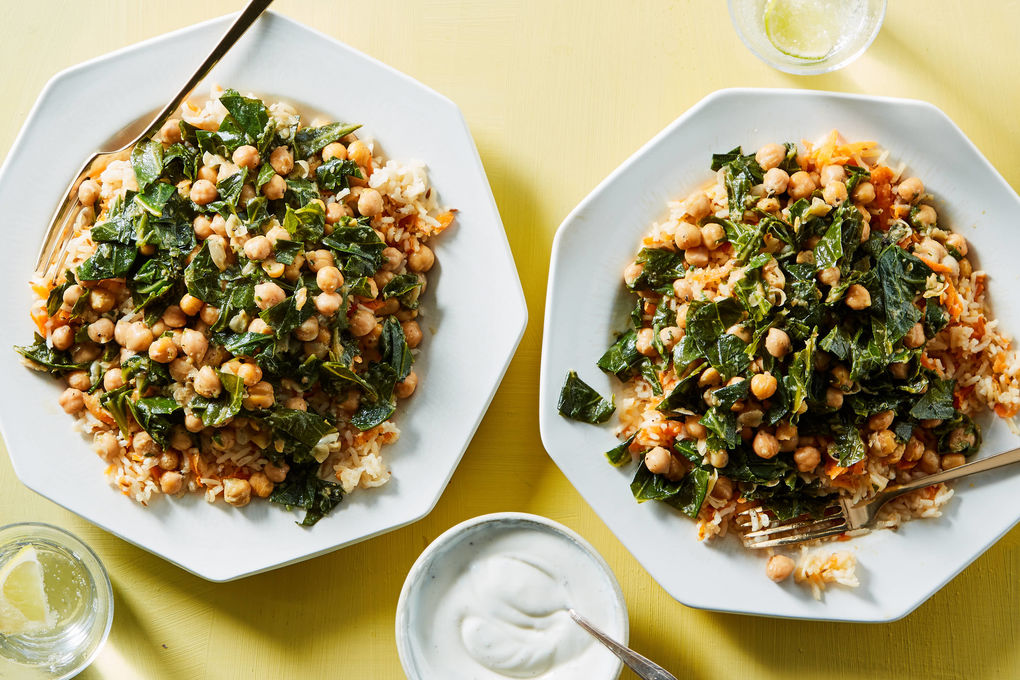 Curried Chickpeas and Collards with Carrot-Cumin Rice Pilaf