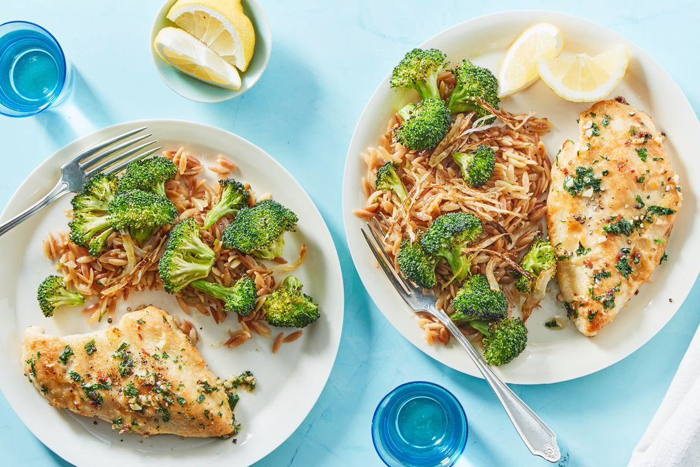 Buttery Garlic Chicken with Orzo Pilaf & Roasted Broccoli
