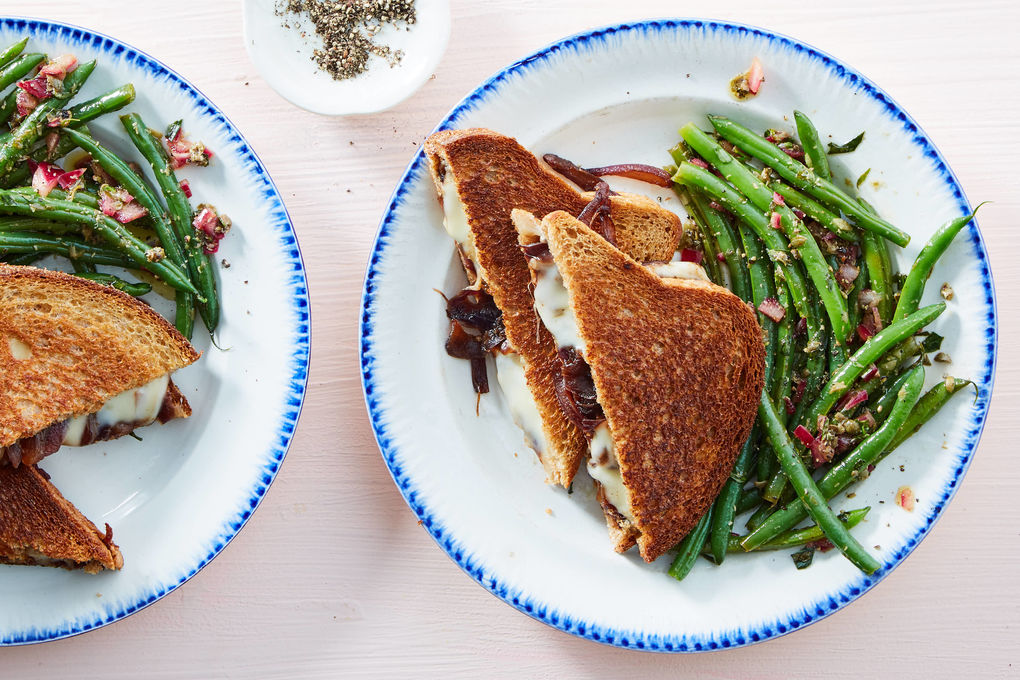 French Onion Grilled Cheese with Caper Tarragon Green Beans