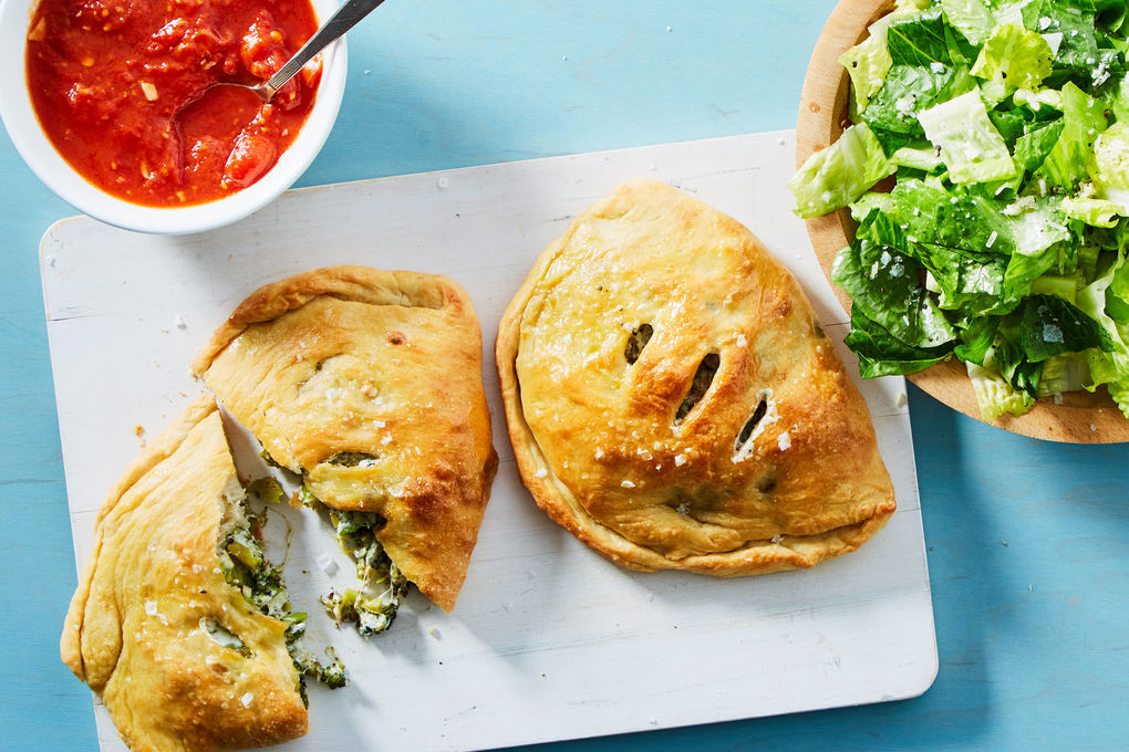 Cheesy Broccoli Pizza Pockets with Romaine-Parmesan Salad