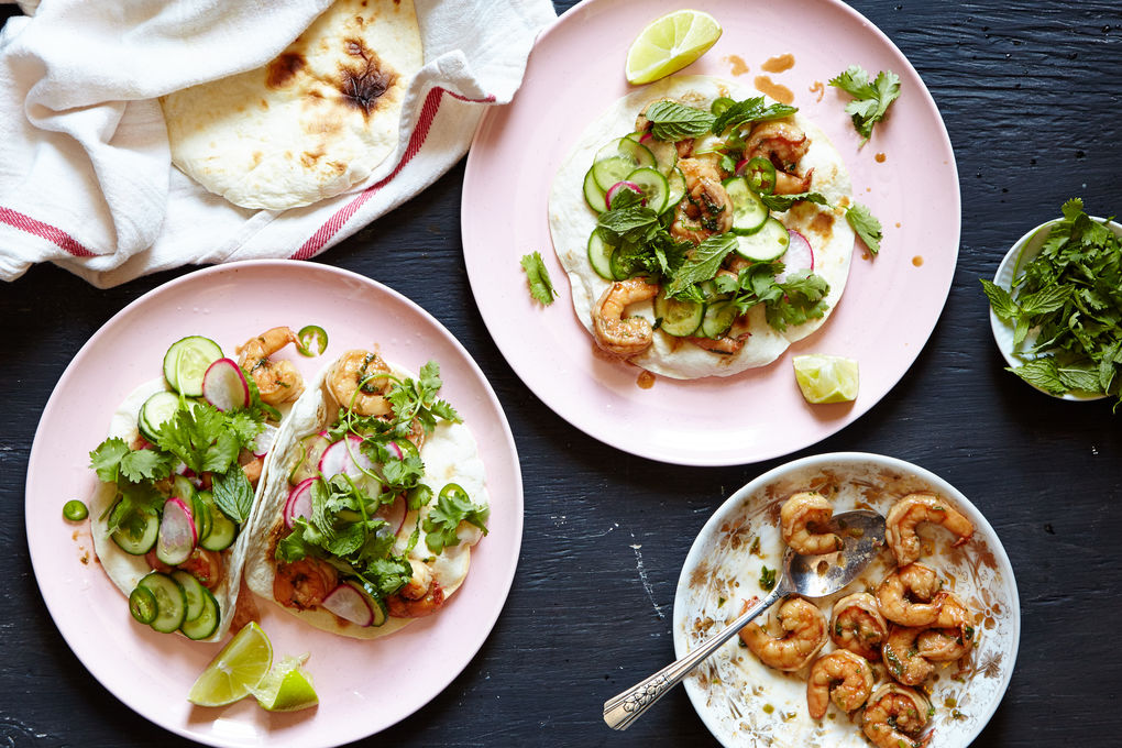 Spicy Shrimp Tacos with Radishes, Cucumber and Chile