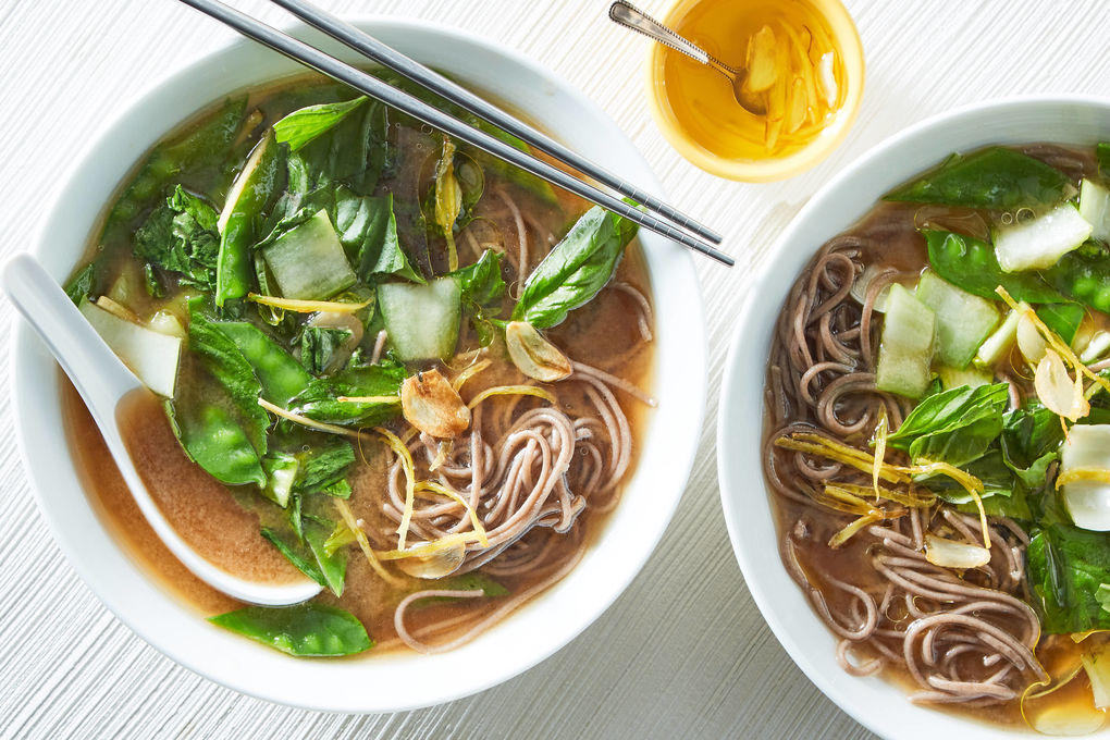 Miso Soup and Soba Noodles with Baby Bok Choy and Snow Peas