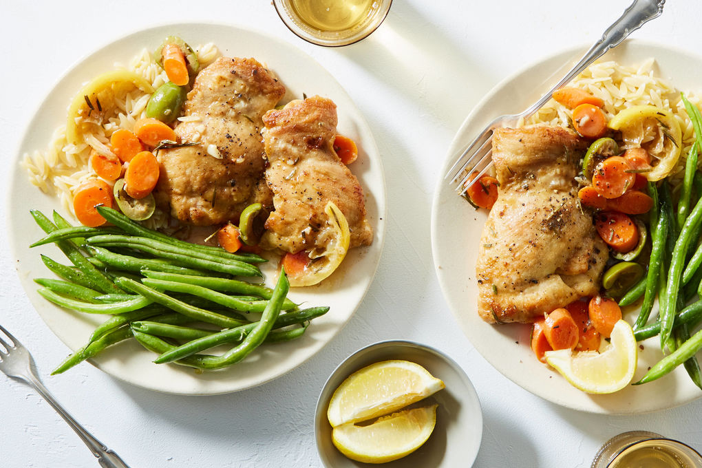 Lemon Roasted Chicken with Carrots, Olives, and Orzo