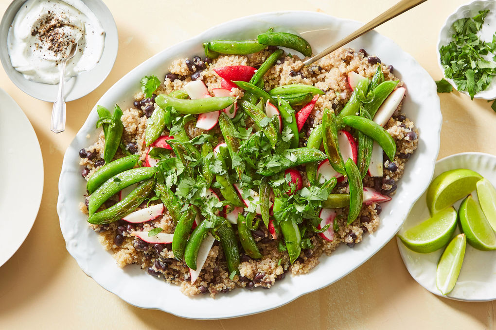 Black Bean Quinoa Bowl with Spicy Snap Peas & Radish Salad