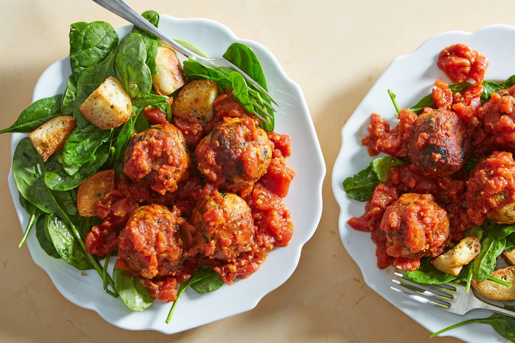 Cheesy Turkey Meatballs with Spinach Salad & Peppery Croutons