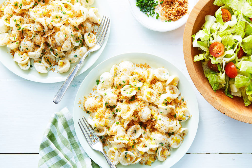 Creamy Corn Pasta with Chives, Crispy Crumbs & Salad