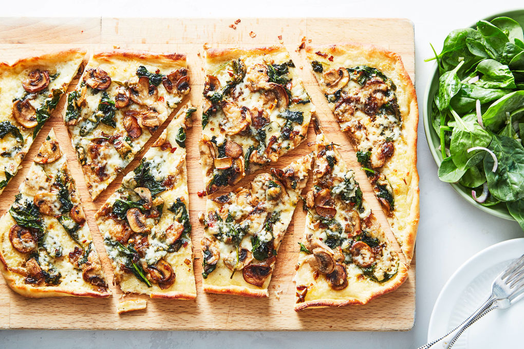 Mushroom-Spinach Pizza with Spinach Salad