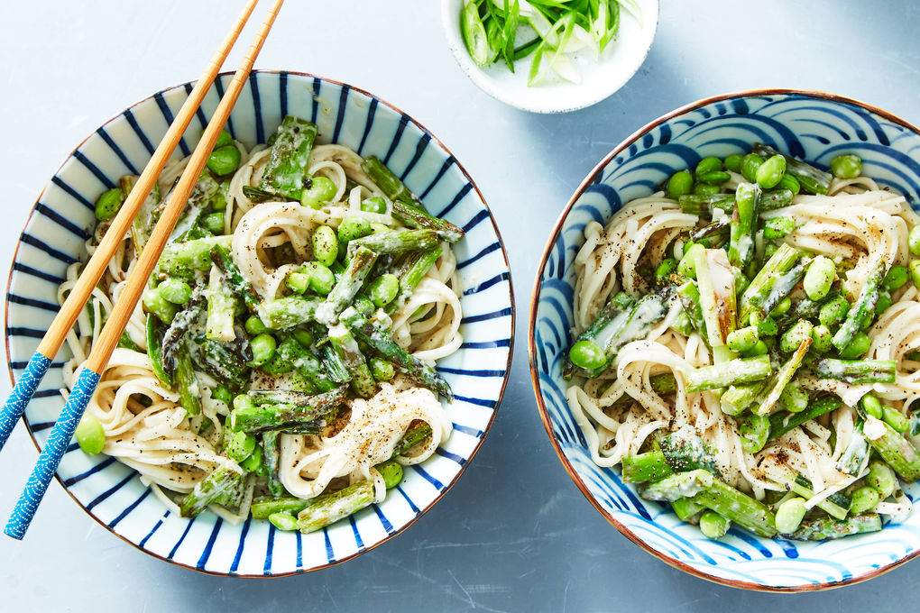 Miso-Tahini Udon Noodle Salad with Blistered Asparagus & Scallion